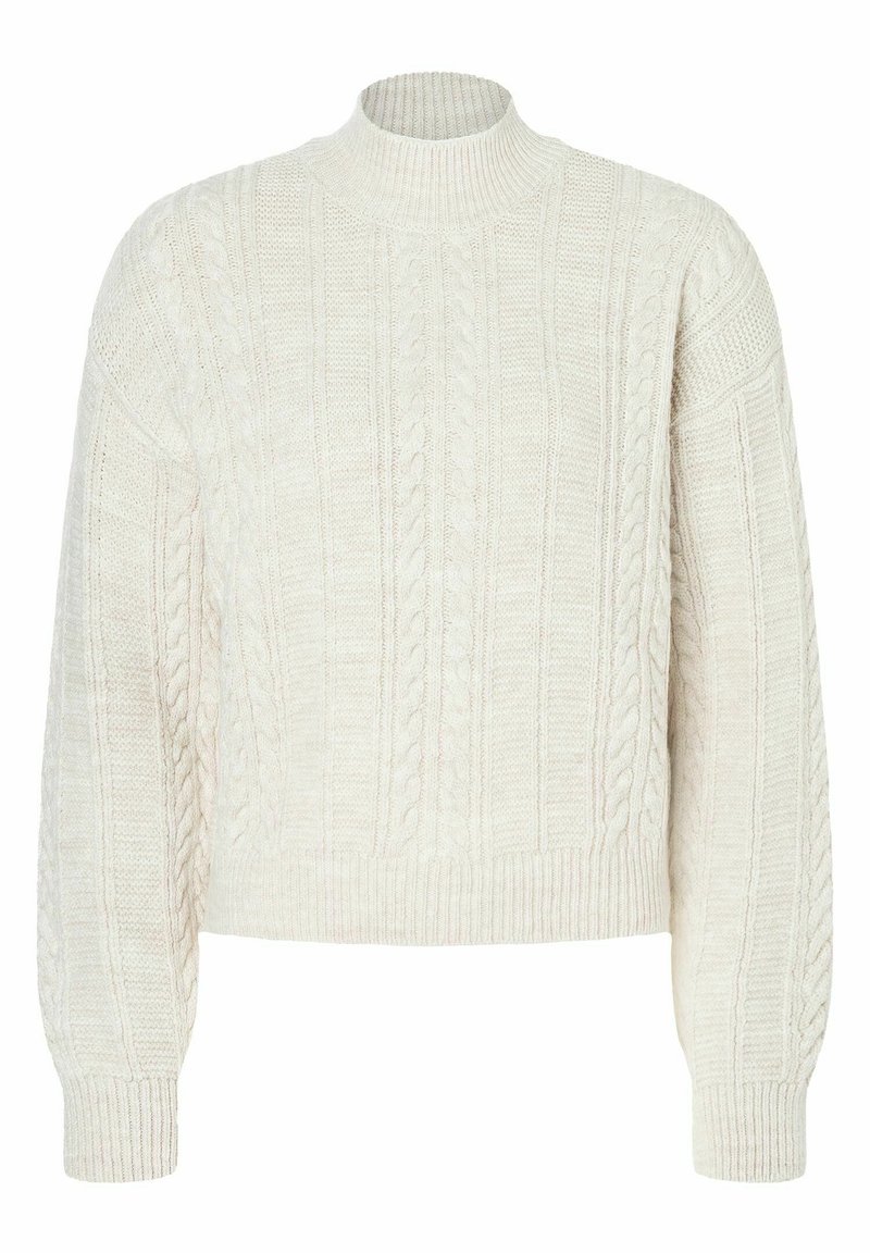 Cremfarbener Strickpullover mit hohem Kragen, verkürztem Design und langen Ärmeln mit gerippten Bündchen und Saum.