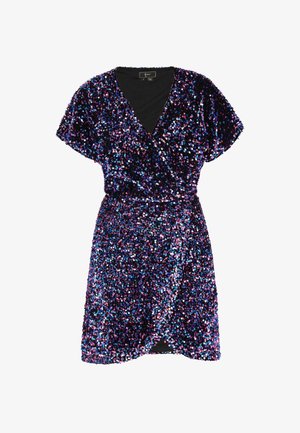 Sequin dress with a deep V-neck, short sleeves, and a wrap design. Features multicolored sequins in dark purples, blues, and silvers.