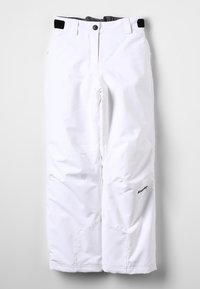 Bílé sněhové kalhoty s hladkým matným povrchem, které mají přední zapínání, poutka na opasek a boční kapsy. Obsahují detail černého loga značky.