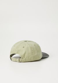Cap featuring a light green fabric body with a dark gray bill, adjustable strap, and stitched details on the crown.