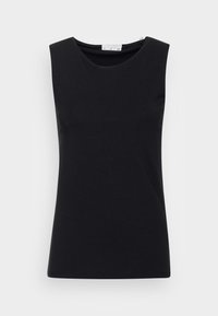 Černý tílko z měkké, elastické bavlny. Kulatý výstřih a přiléhavý střih bez dalších vzorů nebo kovových doplňků.