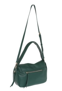 Borsa a spalla in pelle verde con un'unica maniglia superiore e una tracolla regolabile e rimovibile. Presenta una tasca con zip sul davanti e una finitura testurizzata.