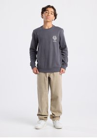 Gray sweatshirt with a crew neckline and logo detail on the chest, paired with beige pants and white sneakers, in a minimalistic setting.