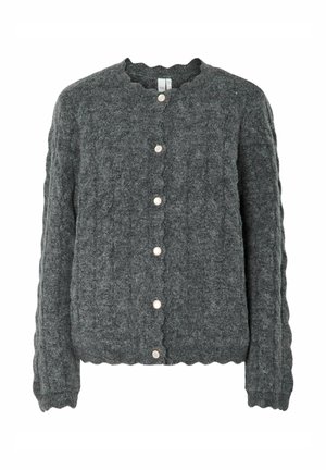 Grijze gebreide cardigan met golfranden, voorzien van zes parelknopen aan de voorkant en lange, gestructureerde mouwen. Zacht wollen materiaal.