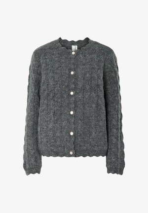 Grå strikket cardigan med bølgende kanter, utstyrt med seks perlemorsknapper foran og lange, teksturerte ermer. Mykt ullmateriale.