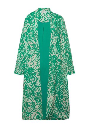 Vihreä kuvioitu kimono, jossa on valkoisia abstrakteja kuvioita, pitkät hihat ja avoin etuosa. Sileä kangas, rento istuvuus ja puolipitkä malli.