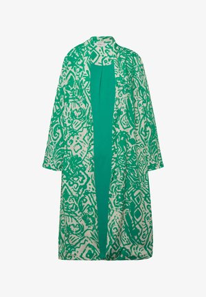 Zelený kimono s vzorem a bílými abstraktními designy, dlouhými rukávy a otevřeným předním dílem. Hladký materiál s uvolněným střihem a střední délkou.