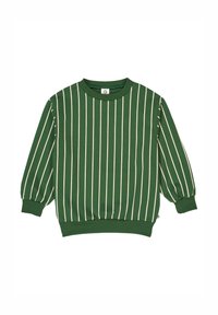 Felpa verde con strisce verticali bianche, collo rotondo e maniche a sbuffo. I polsini e l'orlo a costine conferiscono struttura.