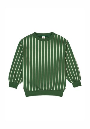 Groene pullover sweatshirt met witte verticale strepen, ronde hals en pofmouwen. Ribgebreide manchetten en zoom zorgen voor structuur.