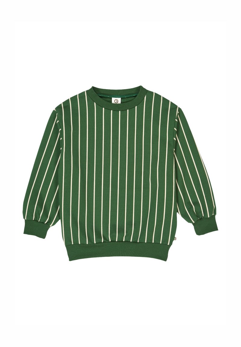 Felpa verde con strisce verticali bianche, collo rotondo e maniche a sbuffo. I polsini e l'orlo a costine conferiscono struttura.