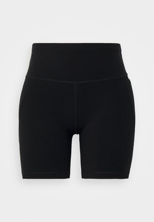 Black stretchy fabric shorts with a high waistband, designed for comfort. Features smooth texture and minimal stitching for a clean finish.