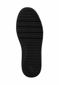 Semelle de chaussure en caoutchouc noir avec un motif de bande de roulement texturé comportant des rainures horizontales et verticales, marquée avec le nom et les détails de taille.