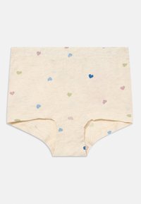 Bawełniane majtki typu boyshort w jasnej kremowej kolorystyce z rozsypanym wzorem małych serc w odcieniach zieleni, niebieskiego, różowego i lawendowego. Miękka struktura, elastyczny pas.