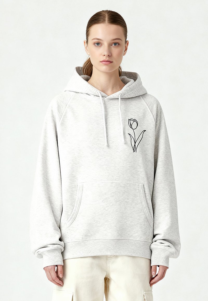 Felpa con cappuccio grigia chiara con coulisse, tasca a marsupio e un disegno a linea nera di un tulipano sul petto. Presenta polsini a coste.