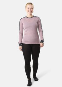 Top a maniche lunghe rosa con dettagli grigi, collo rotondo, design aderente. Leggings neri e calzini neri slip-on completano l'outfit.