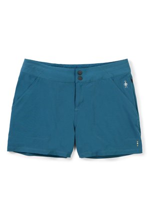 Teal shorts made of lightweight fabric, featuring two front pockets, two button closure, and a small logo on the side. Smooth texture.
