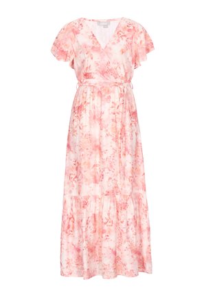 Różowa i biała kwiecista sukienka kopertowa z krótkimi, falującymi rękawami, dekoltem w serek, wiązaniem w talii oraz falbanami na spódnicy.