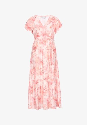 Rochie cu imprimeu floral roz și alb, cu mâneci scurte evazate, decolteu în V, cordon în talie și detaliu cu fustă în straturi.