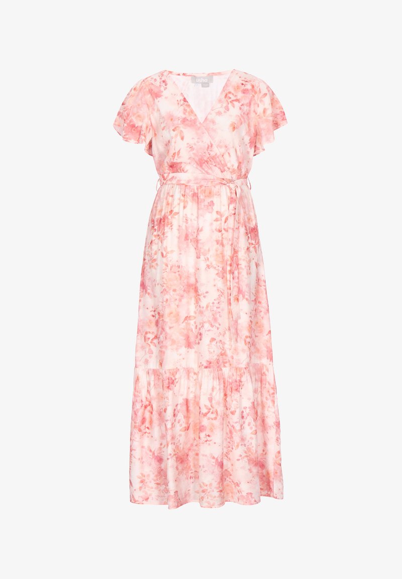 Rosa-weißes Wickelkleid mit floralem Muster, kurzen Flatterärmeln, V-Ausschnitt, Taillengürtel und Stufensaum.