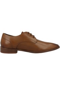 Hnědé kožené šněrovací společenské boty s elegantními, špičatými špičkami a nízkým klínovým podpatkem, zdobené decentním prošíváním a hladkým povrchem.