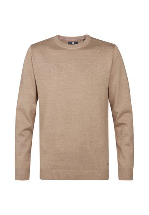 Vaaleanbeige neule, jossa on pitkät hihat, ribbauskaulus ja -hihansuut, sileä pinta sekä pieni logo yksityiskohtana alahelassa.