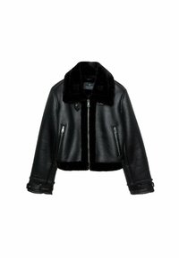 Veste en cuir noir avec col et bord en shearling, fermeture éclair à l'avant, poches latérales zippées, et sangles à boucle réglables aux poignets.