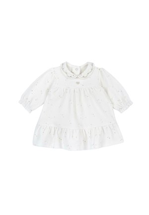 Robe bébé blanche à manches longues avec petit imprimé étoiles dorées, col arrondi avec bordure brodée et ourlet à volants.