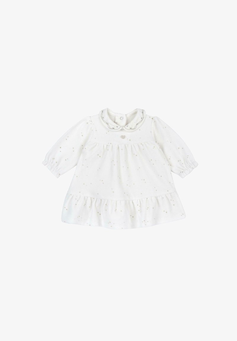 Robe bébé blanche à manches longues avec petit imprimé étoiles dorées, col arrondi avec bordure brodée et ourlet à volants.