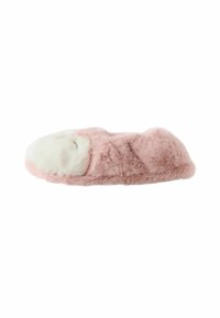 Fluffy roze slof met een afgeronde neus, witte donzige accent aan de voorkant en een gestructureerde buitenkant. Zacht materiaal voor comfort.