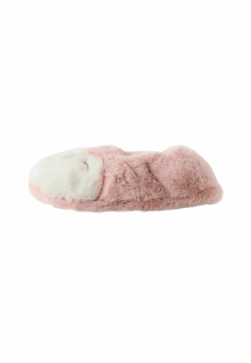 Fluffy roze slof met een afgeronde neus, witte donzige accent aan de voorkant en een gestructureerde buitenkant. Zacht materiaal voor comfort.