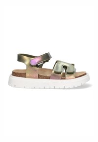 Iridescent metallic sandals with two adjustable straps, cork footbed, and white rubber sole featuring a textured pattern and side logo.