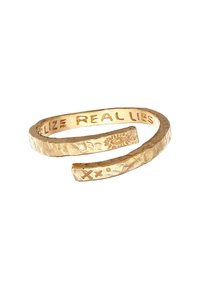 Gold-tone open ring featuring a textured finish with engraved text "REALIZE REAL LIES," intricate eye design, and decorative markings.