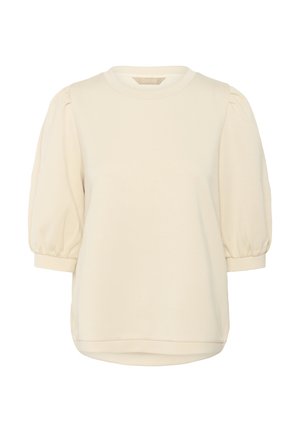 Krämsfärgad kortärmad topp med puffärmar, rund halsringning och avslappnad passform. Tillverkad av ett mjukt, smidigt tyg med en subtil lyster.