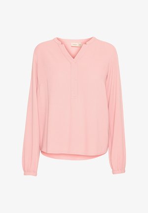 Ružičasta majica dugih rukava s teksturiranim uzorkom, V-izrezom i gumiranim manžetama. Opala, ležerna kroja s visokim i niskim rubom.