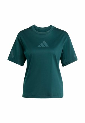 Kurzärmliges T-Shirt mit Rundhalsausschnitt aus dunklem grünen Stoff, mit einem reflektierenden Logodetail auf der Vorderseite und einer glatten Textur.