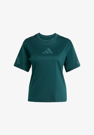 Short-sleeved, crew-neck t-shirt in dark green fabric with a reflective logo detail on the front and a smooth texture.
