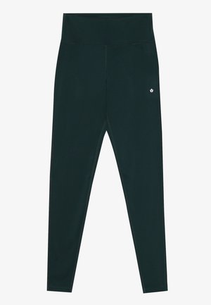 Dark green leggings made of stretchy fabric, featuring a high waistband and minimal stitching, with a small logo on the left side.