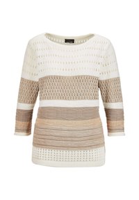 Maglione lavorato a maglia con collo rotondo e maniche a tre quarti, caratterizzato da righe orizzontali in crema, beige e marrone chiaro con un motivo testurizzato.