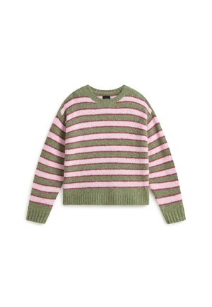 Grøn og lyserød pelset stribet langærmet sweater med ribbet rund halsudskæring, ærmekanter og kant, lagt fladt på hvid baggrund.
