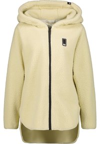 Krämfärgad fleecejacka med huva, dragkedja framtill och sidofickor. Strukturserad yta och längre nederkant baktill. Svart logodetalj vid dragkedjan.
