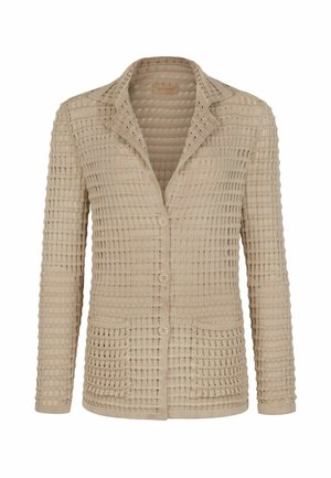 Beige knitted long-sleeve cardigan with three front buttons, two front pockets, and a notched collar in a textured open-weave pattern.