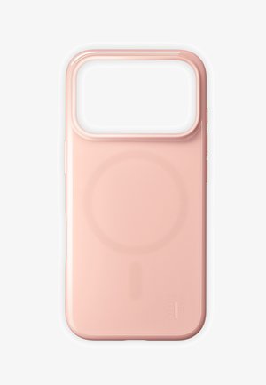 Roze smartphonehoes met een transparant bovenstuk, een cirkelvormige magnetische uitlijnfunctie, een gladde textuur en openingen voor zijknoppen.