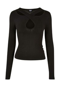 Svart långärmad topp med utskärning vid bröstet och korsad halsringning. Tillverkad av mjuk, elastisk tyg med en figurnära silhuett.