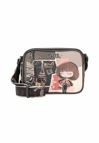 Borsa a tracolla in materiale sintetico rosa e marrone, con un design a cartone animato, chiusura con zip e charm decorativo sulla tracolla.