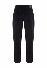 Pantalons en velours côtelé noirs avec une coupe slim, jambe droite, deux poches arrière et un design de taille simple. Texture douce avec une finition mate.