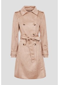 Light beige trench coat made of soft suede-like material, featuring a double-breasted front, belt, and shoulder epaulets.