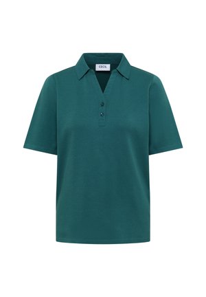 Dark teal short-sleeve polo shirt with a collar, two buttons at the neckline, and a straight hem.