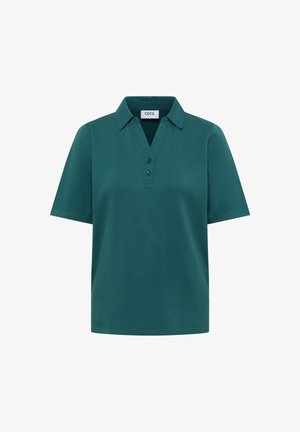 Tumman teal-värinen lyhythihainen poolopaita, jossa kaulus, kaksi nappia pääntiellä ja suora helma.