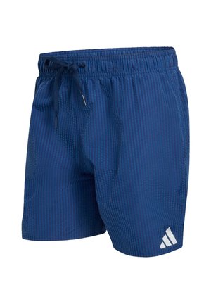 Diepblauwe zwemshorts voor heren met een elastische tailleband, vooraan trekkoord, gestructureerde stof en wit Adidas-logo op het linkerbeen.