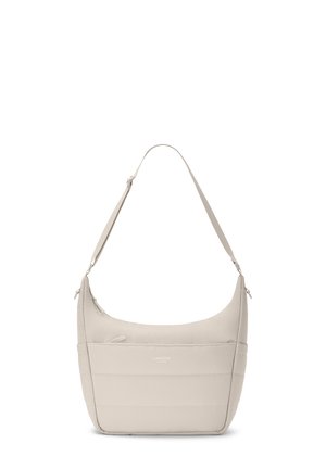 Beige polstret skuldertaske med justerbar rem, forlommelåg med lynlås og "Larkson Hamburg" logo i midten foran.